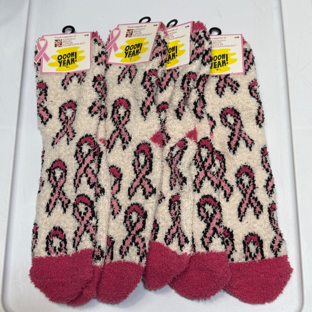 Breast Cancer Awareness Socks Survivor Pink Ribbon Fuzzy Socks 4 Pair SM